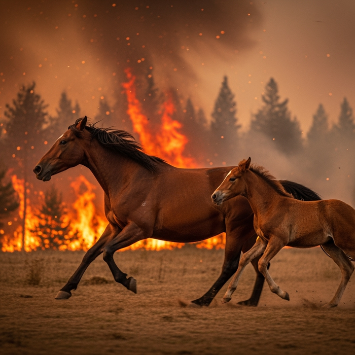 Mare and baby running from a fire