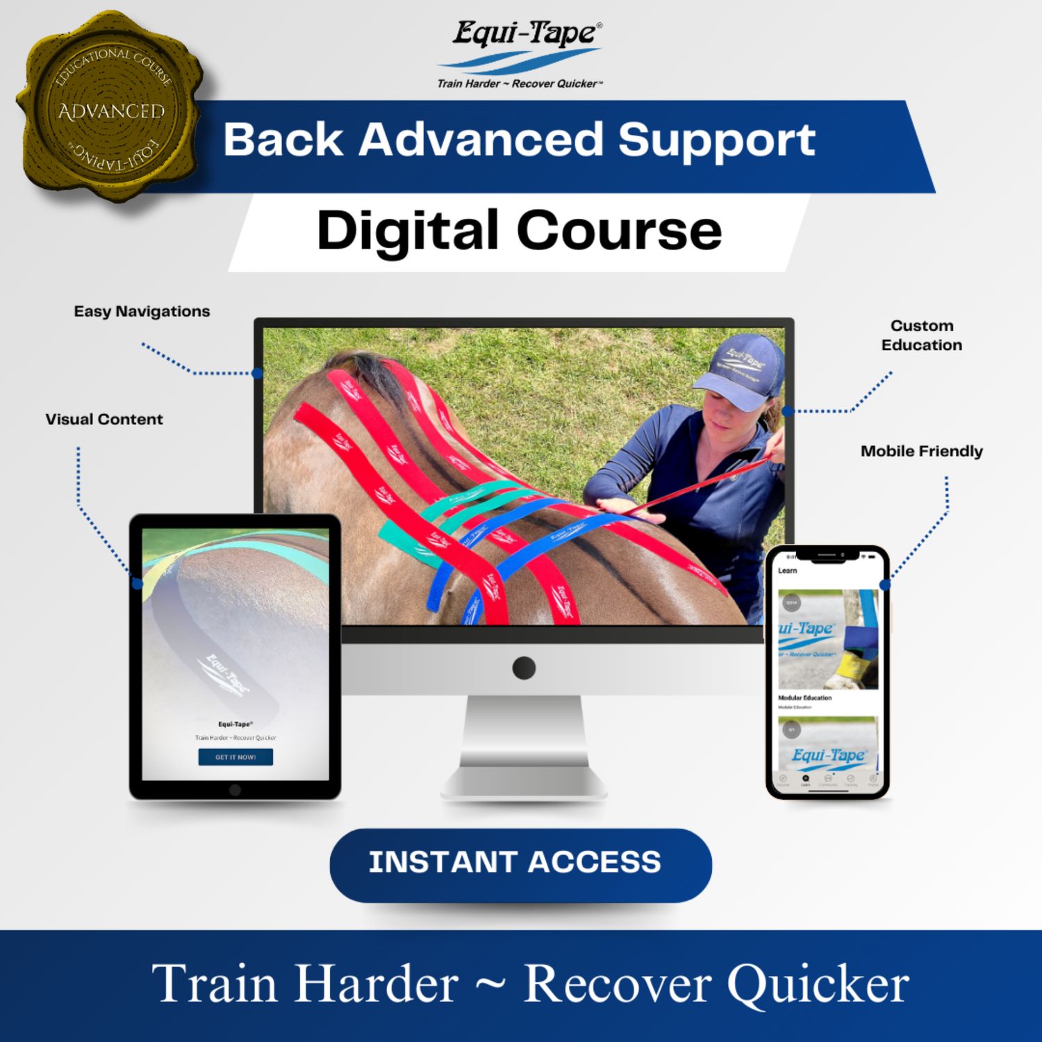 Equi-Tape® Module - Back Level 3 - Advanced Support. This module covers equine back issues, anatomy, common reasons injuries occur, and an application designed to support and stabilize the entire T-C-S spine.