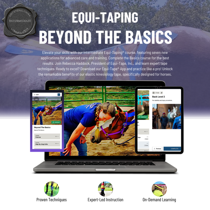 Equi-Tape®'s Beyond the Basics Course - Take your taping skills further with Equi-Taping® Beyond the Basics! This intermediate course teaches seven new applications through step-by-step videos, photos, and expert instruction from Rebecca Haddock. Designed for those who’ve completed the Basics Course, you’ll learn practical techniques for training, care, and rehab—plus get lifetime access through the Equi-Tape® App.