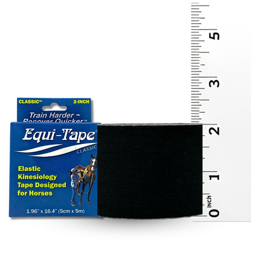 Black elastic kinesiology tape for horses with Equi-Tape packaging and a ruler for scale.