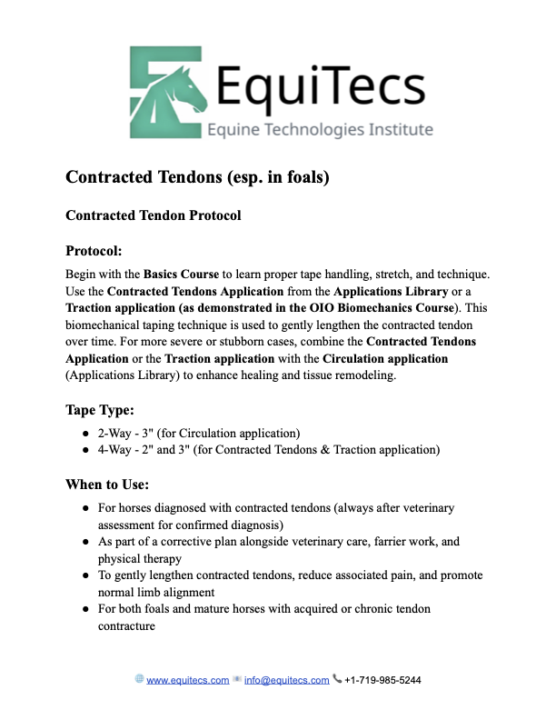 EquiTecs Contracted Tendons Protocol page 1 detailing non-surgical tendon support and limb alignment for newborn foals.