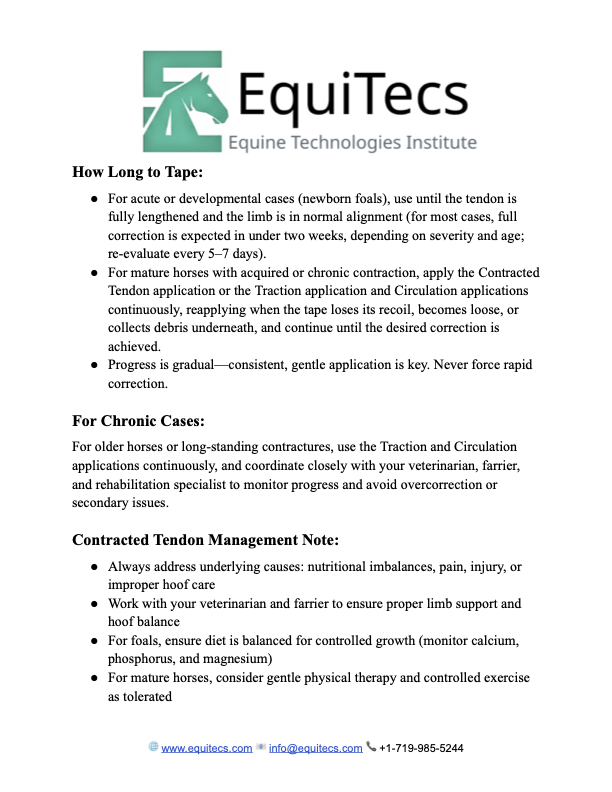 EquiTecs Contracted Tendons Protocol page 2 detailing equine taping duration, chronic case care, and hoof balance notes.