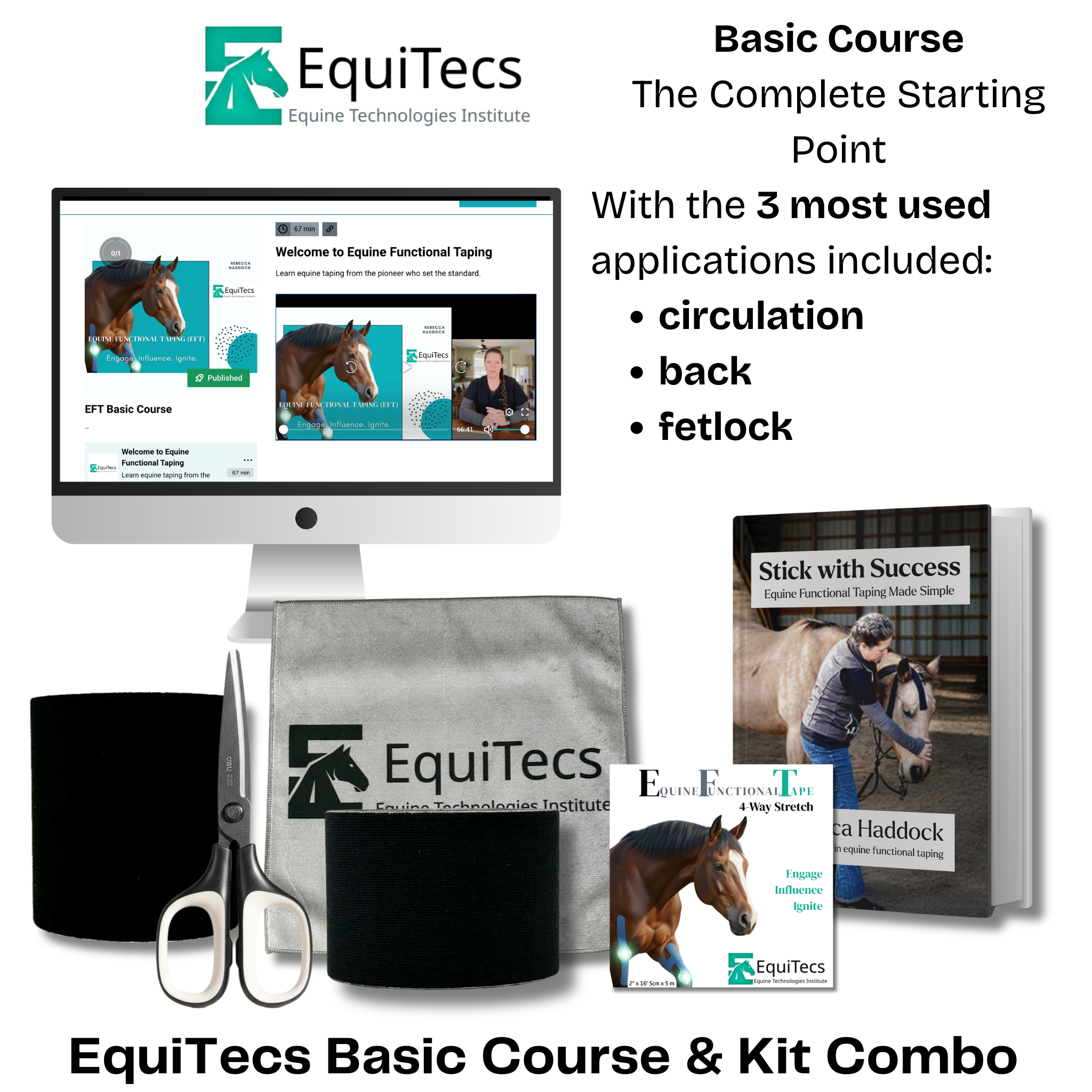 EquiTecs EFT Basic Course and Kit Combo for horse circulation, back, and fetlock taping applications.