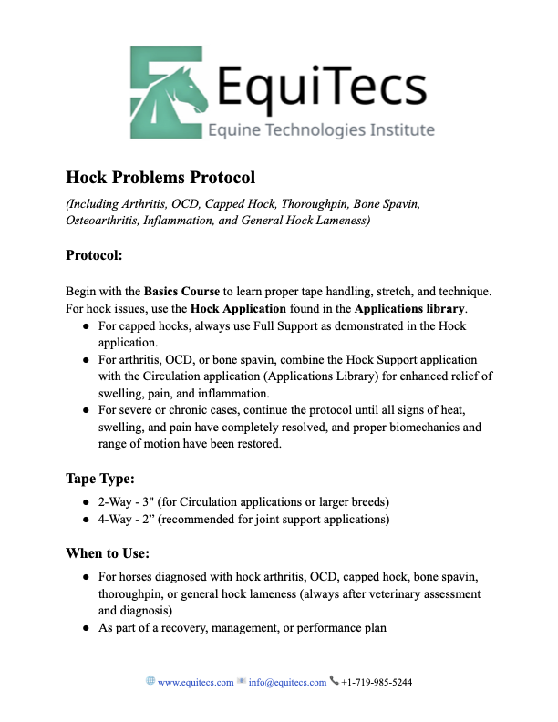 EquiTecs Hock Problems Protocol page 1 detailing non-surgical bone spavin support, arthritis relief, and joint stability.