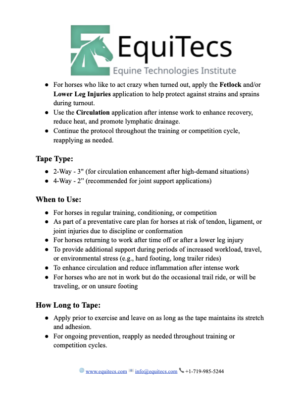 Whole-horse injury prevention protocol for horses in work. Taping, biomechanics, nutrition & lifestyle support. Free with any EquiTecs purchase. Pg 2