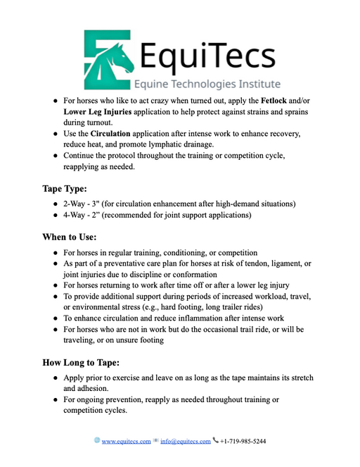 Whole-horse injury prevention protocol for horses in work. Taping, biomechanics, nutrition & lifestyle support. Free with any EquiTecs purchase. Pg 2