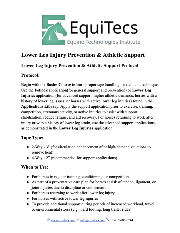 EquiTecs Lower Leg Injury Prevention and Athletic Support Protocol page 1 for horse tendon and ligament care.