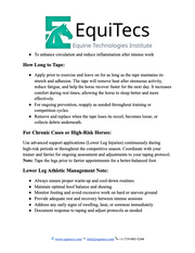 EquiTecs Lower Leg Injury Protocol page 2 detailing equine functional taping duration and athletic management notes.