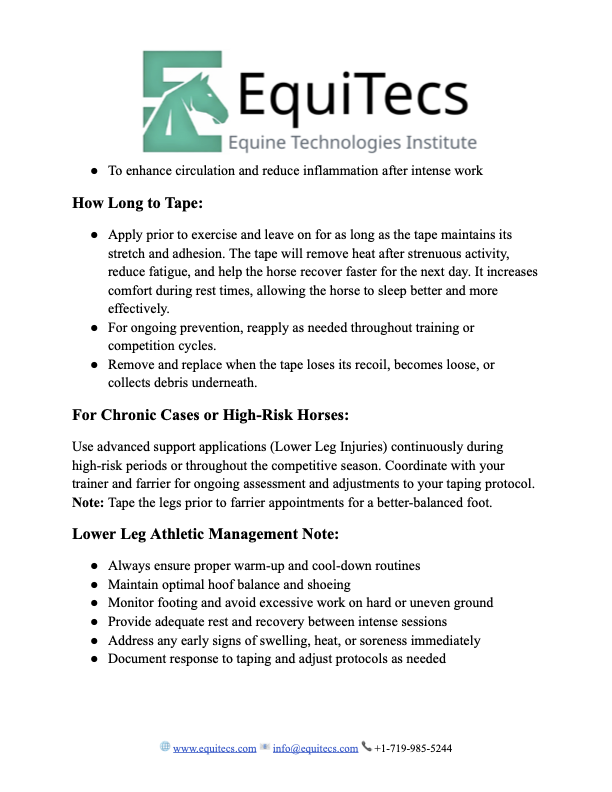 EquiTecs Lower Leg Injury Protocol page 2 detailing equine functional taping duration and athletic management notes.