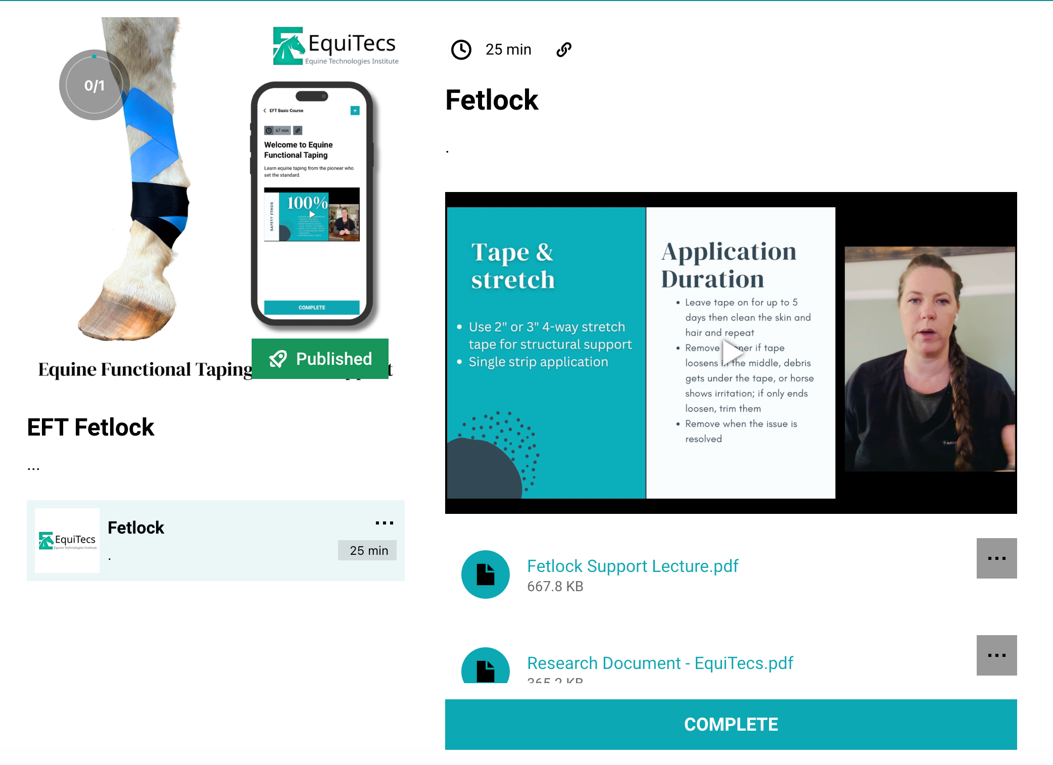 EquiTecs EFT Fetlock Support digital course demonstrating equine functional taping for fetlock region stability pastern support suspensory support overextension patterns and DSLD rehab.