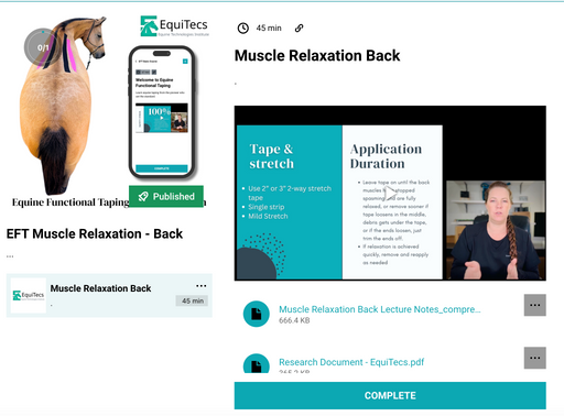 EquiTecs EFT Muscle Relaxation Back digital course demonstrating horse spine functional taping for back muscle relaxation tight back soreness tension patterns and topline development.