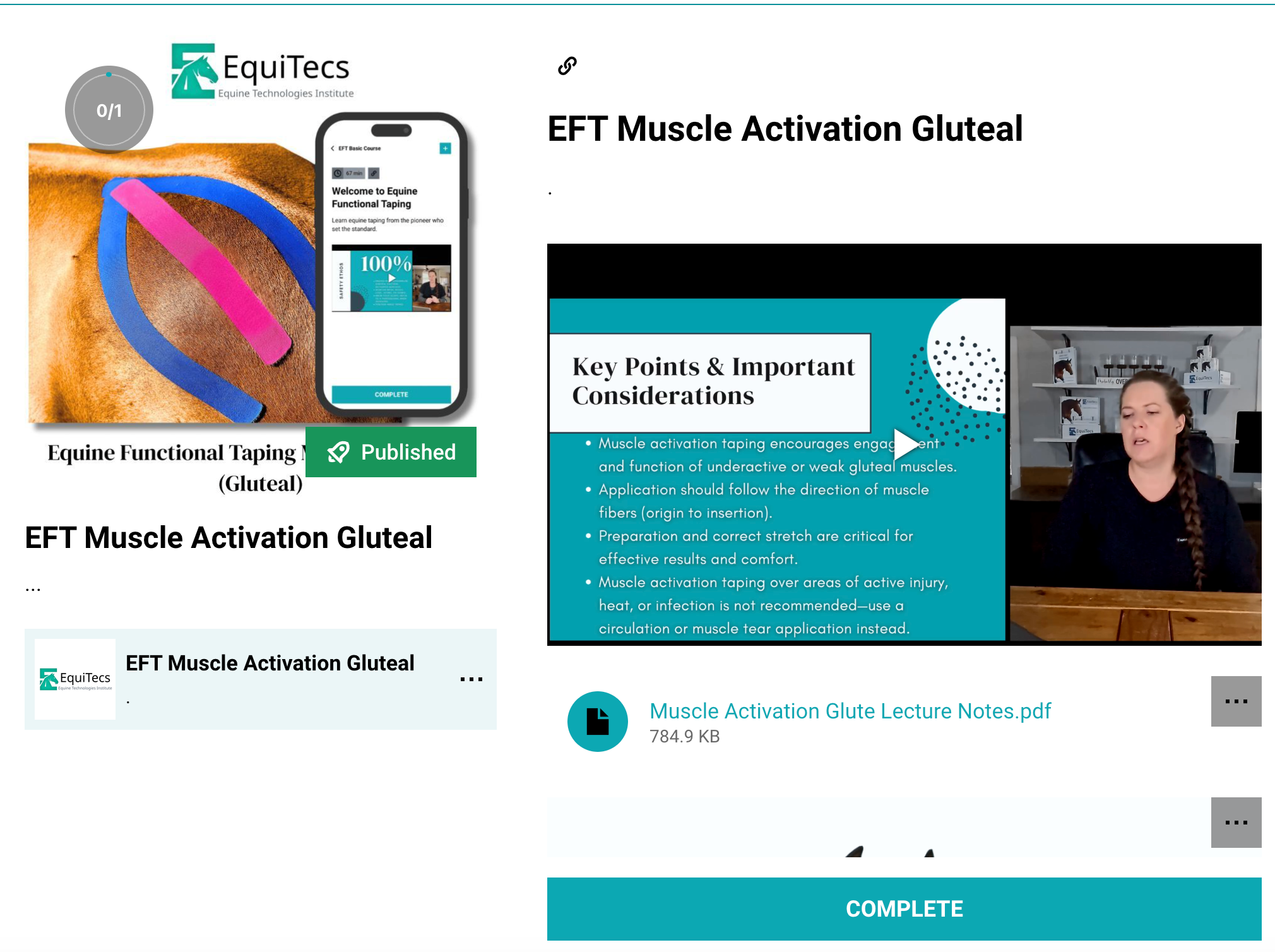 EquiTecs EFT Muscle Activation Gluteal digital course demonstrating horse gluteal functional taping for glute activation and strengthening to support hind end power propulsion balance and injury prevention.