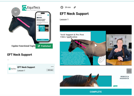 EquiTecs EFT Neck Support digital course demonstrating cervical spine functional taping for horse neck stabilization and micro decompression to fix stiffness and mobility issues.