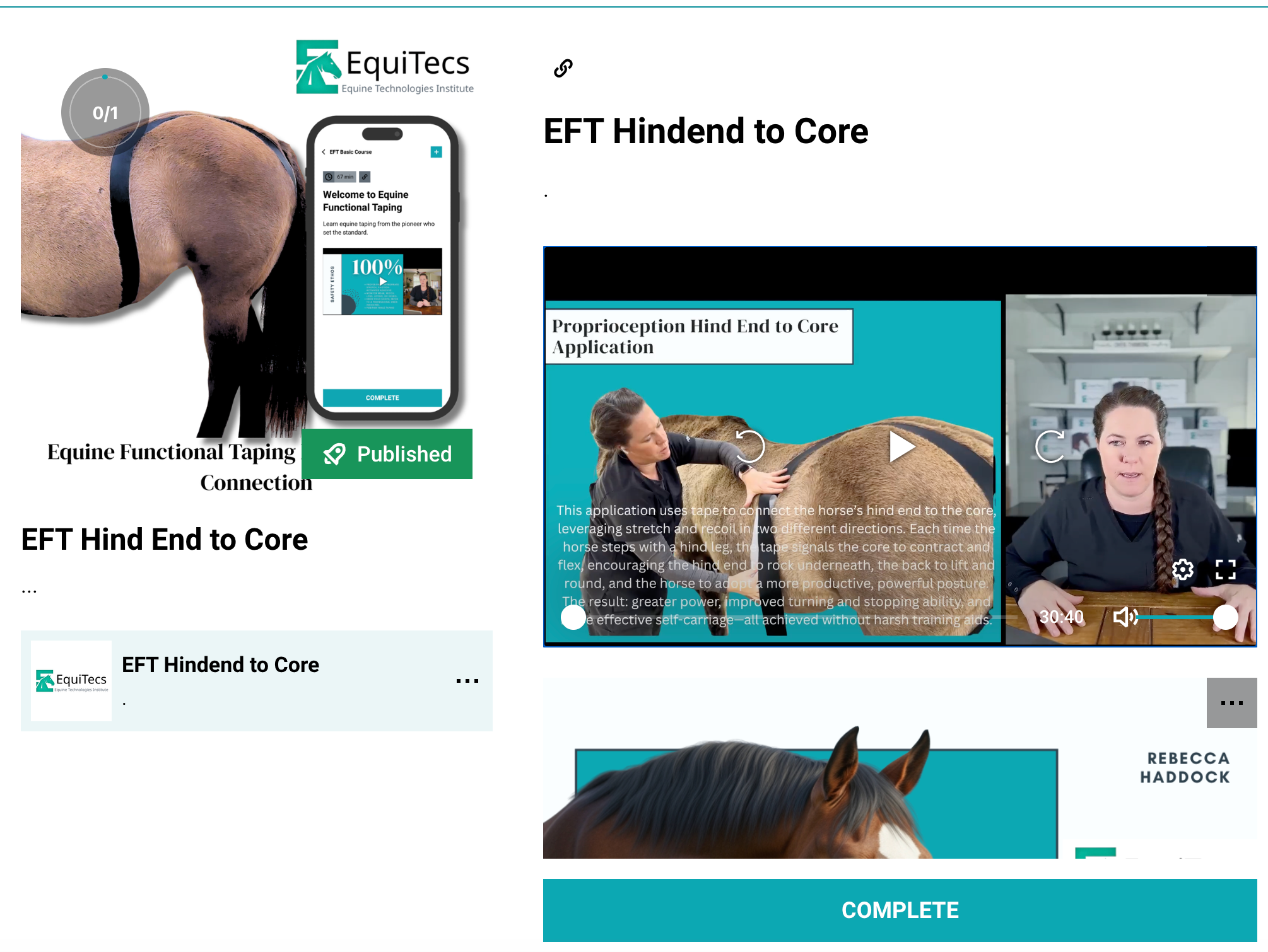 EquiTecs EFT Hind End to Core Connection digital course demonstrating equine functional taping for weak behind and trailing hind patterns to support engagement propulsion posture and self carriage.