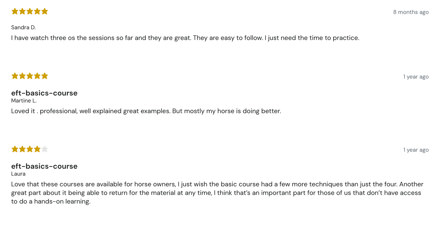 EquiTecs student reviews and testimonials for the online EFT basics horse taping course.