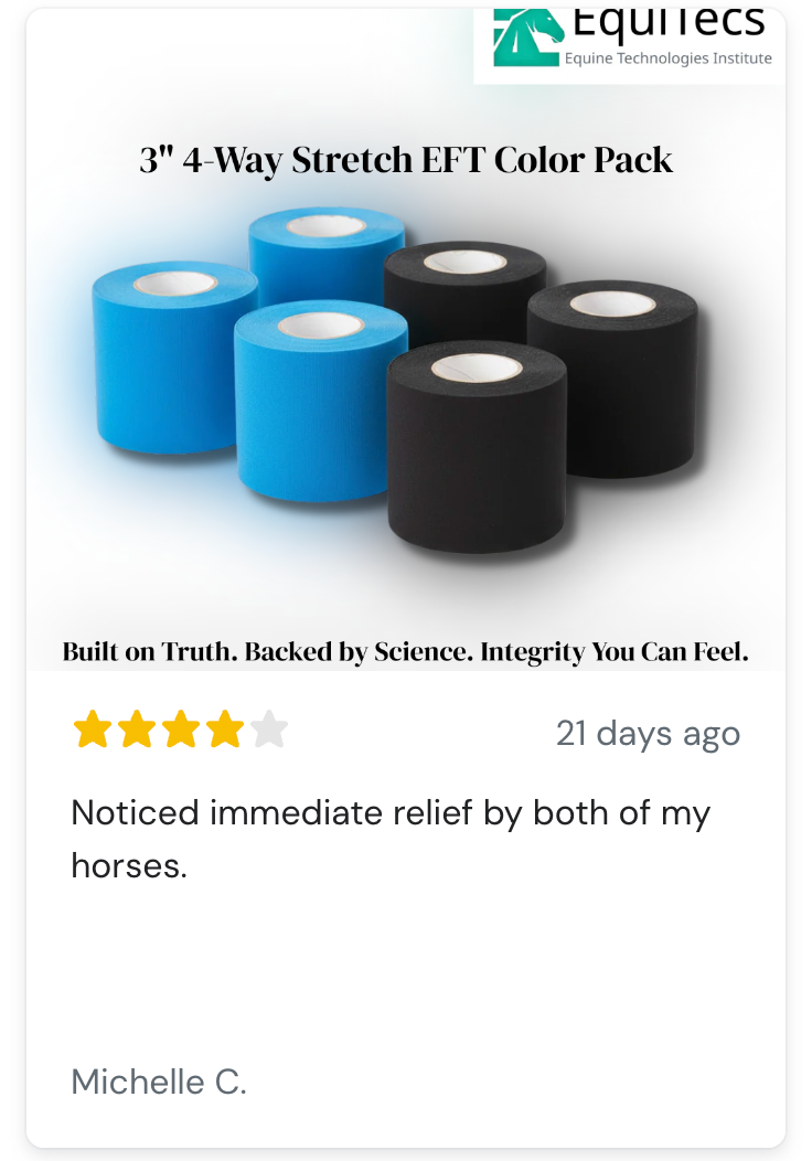 Customer review and five-star testimonial for EquiTecs 3-inch 4-way stretch EFT color pack tape.