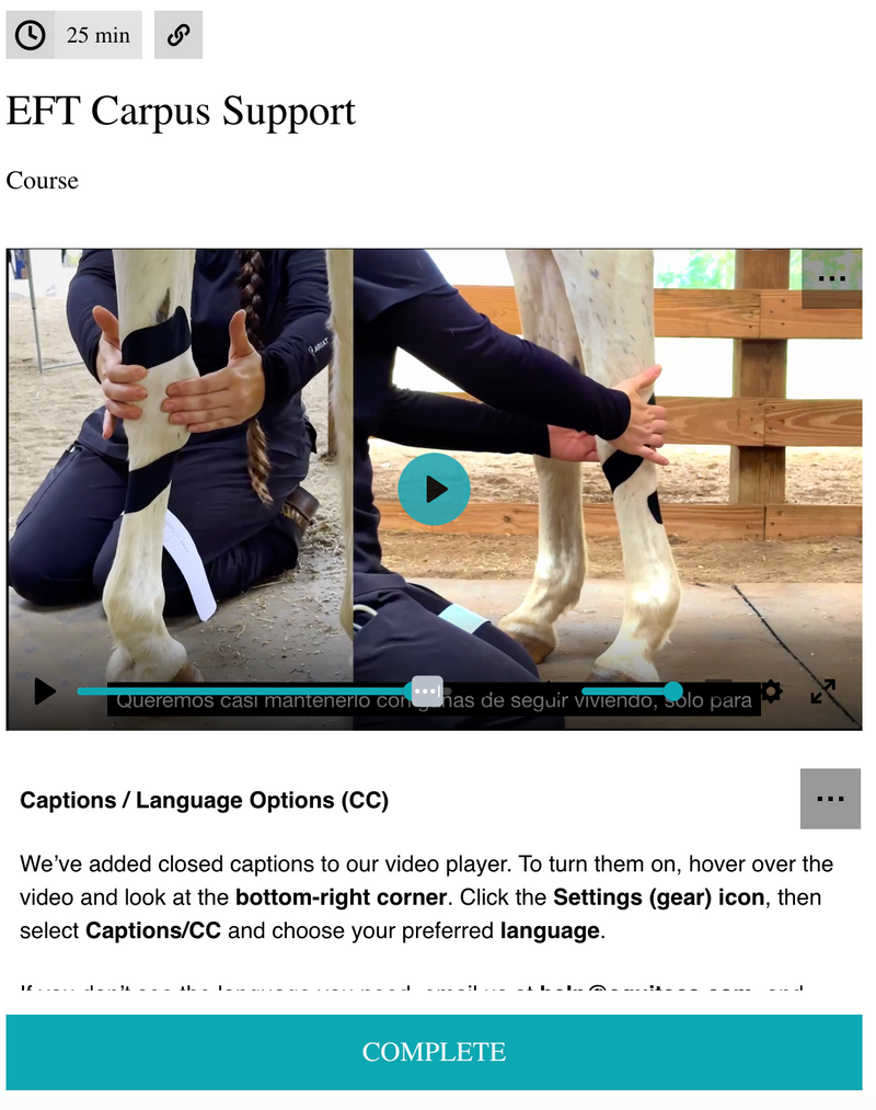 Equine functional taping for horse carpus support, knee arthritis, and post-op joint rehabilitation.