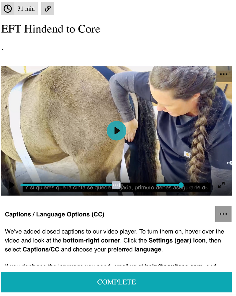 EquiTecs EFT Hind End to Core Connection digital course demonstrating equine functional taping for weak behind and trailing hind patterns to support engagement propulsion posture and self carriage.