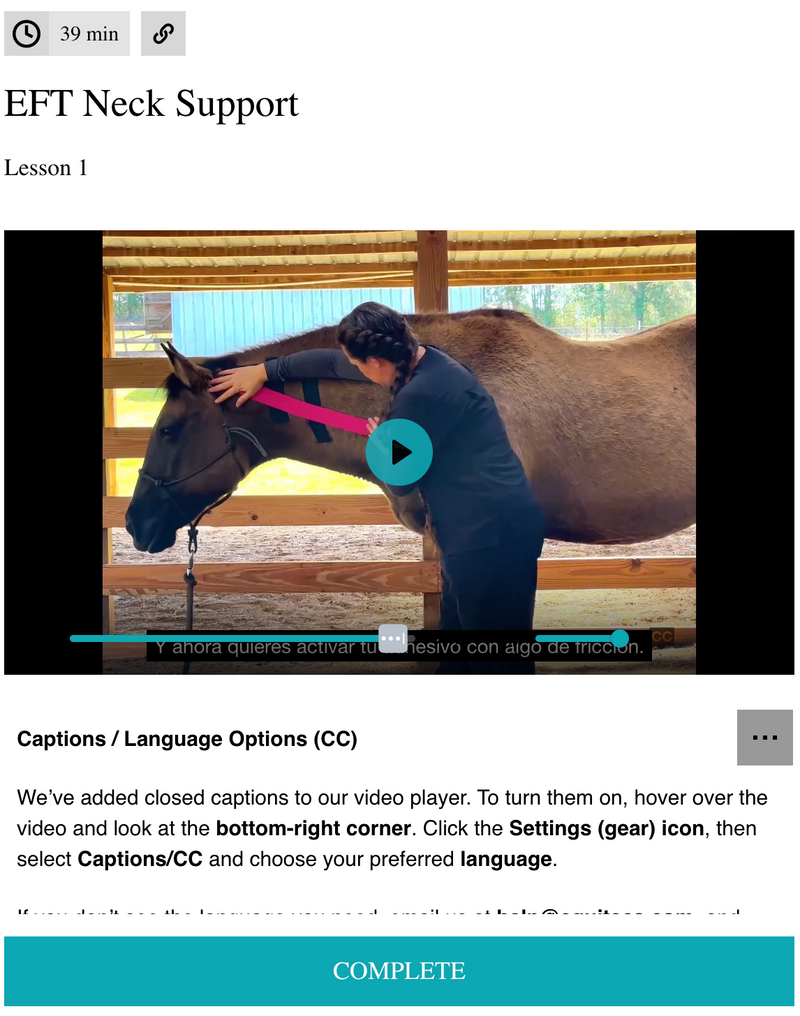 EquiTecs EFT Neck Support digital course demonstrating cervical spine functional taping for horse neck stabilization and micro decompression to fix stiffness and mobility issues.