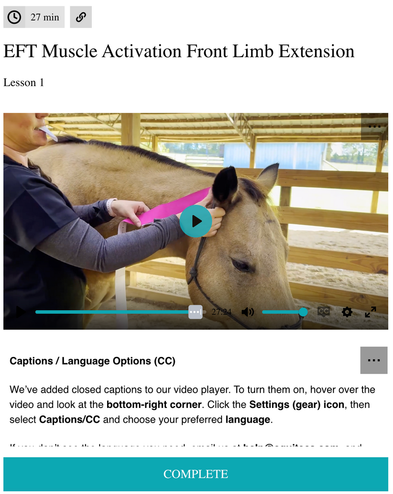EquiTecs EFT Muscle Activation digital course demonstrating horse neck functional taping for front limb extension to correct short strided and restricted reach patterns.