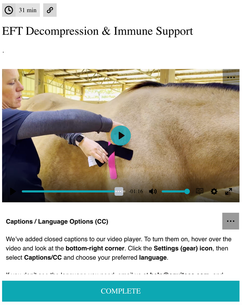 EquiTecs EFT Decompression digital course demonstrating lymphatic immune support functional taping for horse allergy hives support heaves type breathing patterns and whole body swelling.