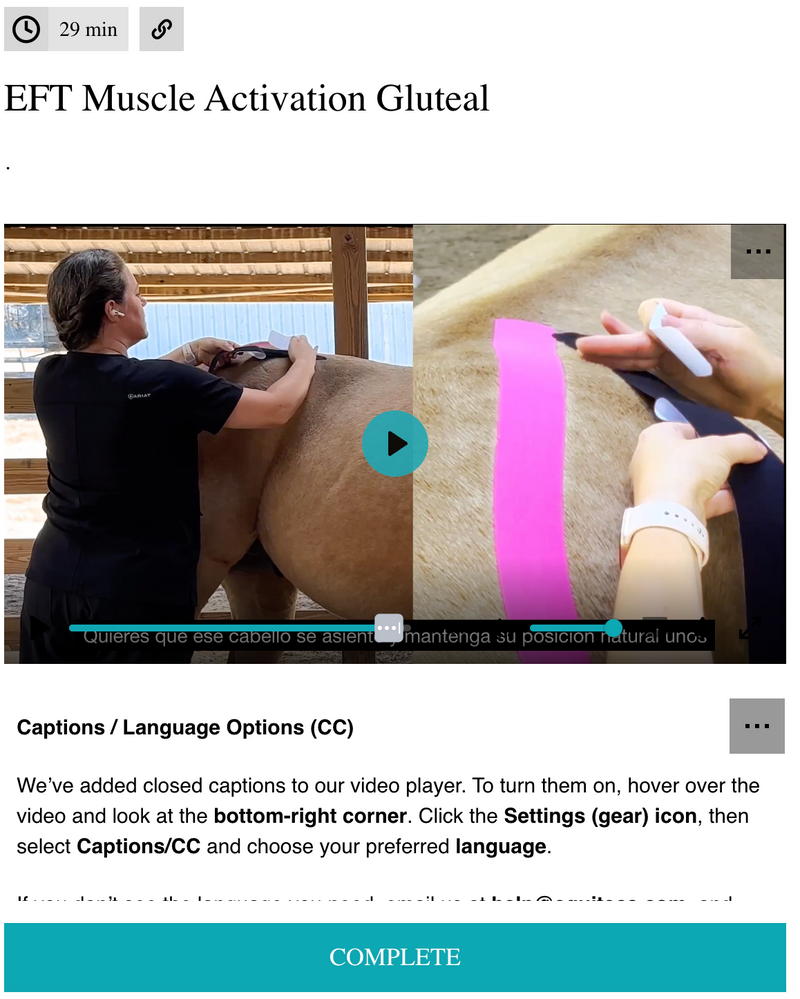 EquiTecs EFT Muscle Activation Gluteal digital course demonstrating horse gluteal functional taping for glute activation and strengthening to support hind end power propulsion balance and injury prevention.