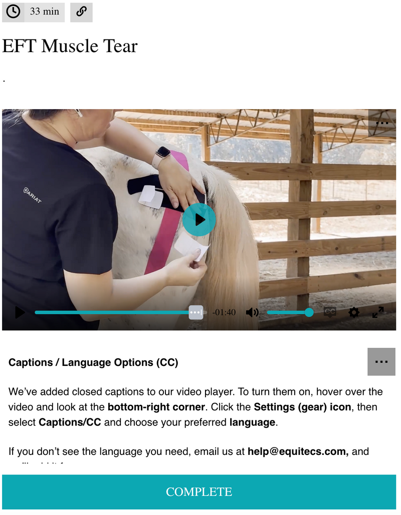 Equine Technologies Institute online video course detailing advanced muscle tear rehabilitation, tissue decompression, and fibrotic scarring treatment.