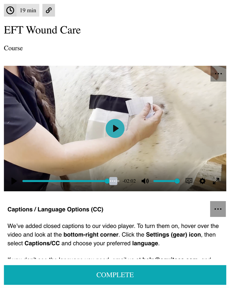 Equine Technologies Institute digital course video demonstrating turnout friendly equine functional taping as a secure vetwrap and standing wrap alternative for horse wound care and proud flesh prevention.