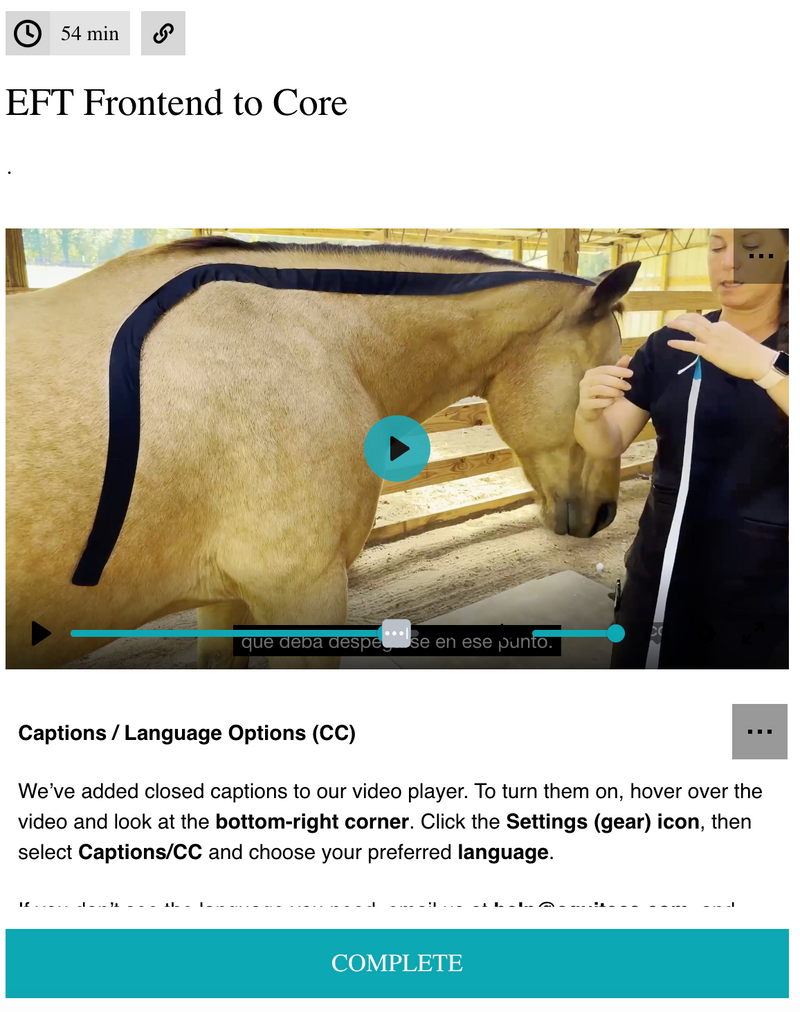 EquiTecs App online video training for equine thoracic sling functional taping to support horse body organization, posture correction, and eliminating forehand heaviness.