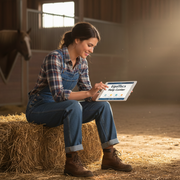 Equestrian in a barn reviewing horse care protocols on the EquiTecs Help Center online tablet portal.