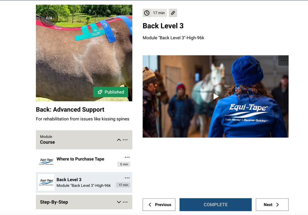 Equi-Tape® Back Module level 3 webpage view. Also, available on any smart device. Check out the Equi-Tape® App on Apple or Google.