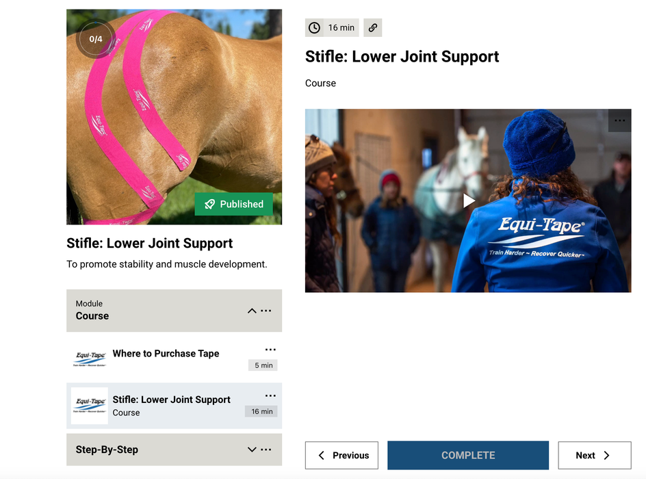Equi-Tape®'s Stifle Module Level 1 Course webpage view. Also available on all smart devices, Download the App today from Apple or Google. 