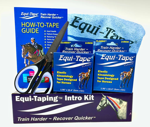 Equi-Tape® Intro kit contains 2 rolls of 2" tape, kinesiology taping scissors, the How-To-Tape Guide, and a logo'd microfiber area prep towel. 
