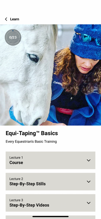 The Equi-Taping Basic Course - Learn the essentials of equine kinesiology taping with the Equi-Taping® Basics Course—perfect for horse owners and practitioners new to taping. Get step-by-step video instruction, clear demonstrations, and downloadable guides covering four key applications. Complete at your own pace, anytime in the Equi-Tape® App.